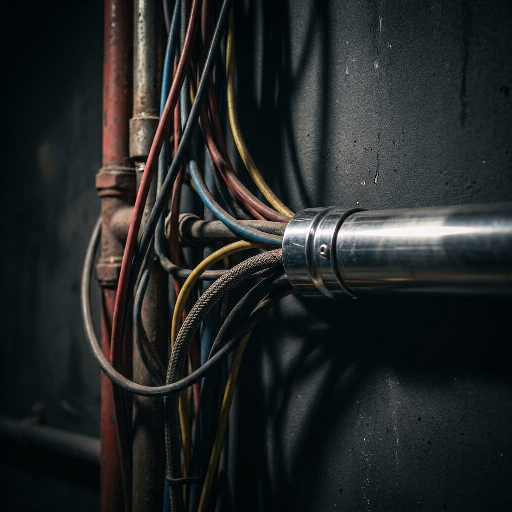 A dense tangle of industrial pipes and cables gradually converging into a single clean conduit against a dark background, representing the complexity of data integration work.
