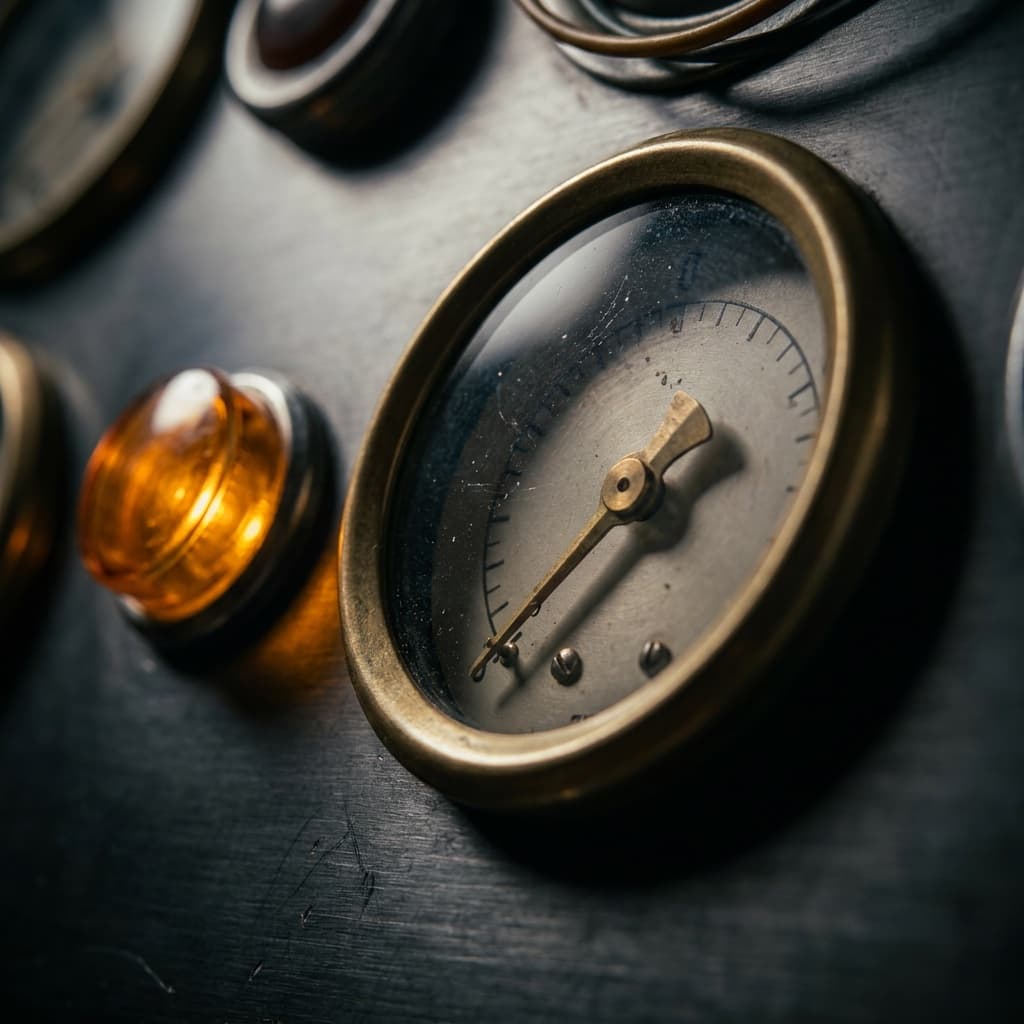An analog gauge needle drifting off-center in a dark instrument panel with a soft amber warning glow, representing the gradual, undetected degradation of an AI system in production.