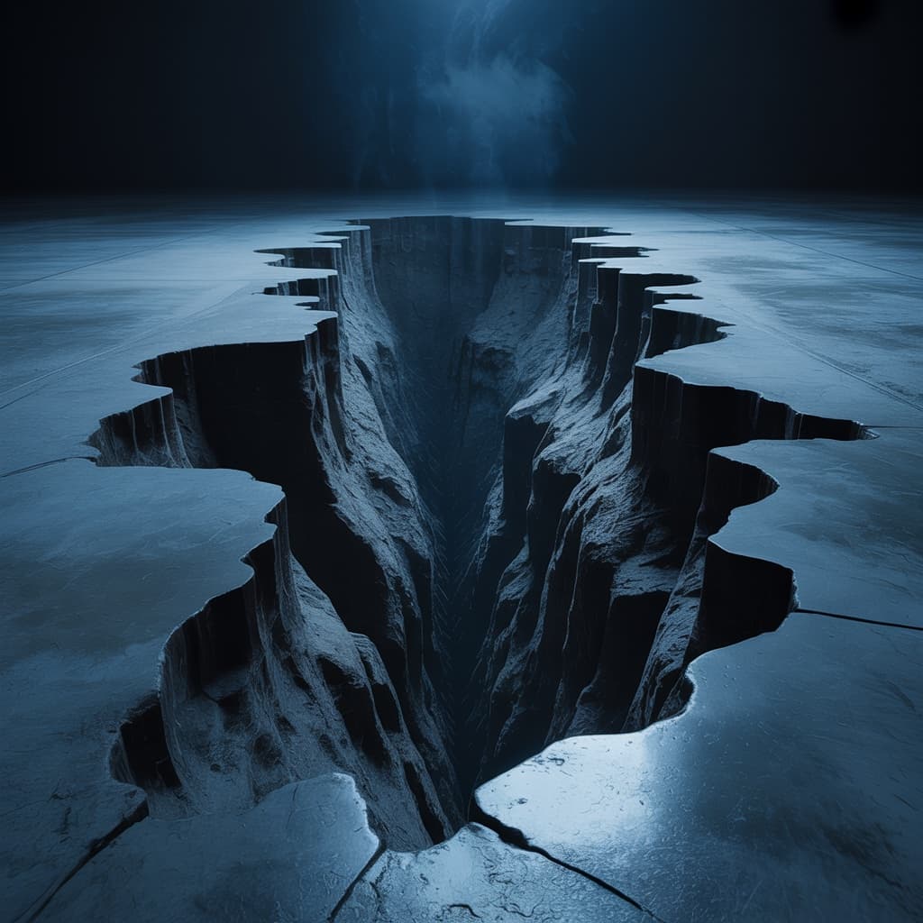 An abstract image of a polished floor ending abruptly at a dark chasm, rendered in cool blue tones, representing the gap between AI pilot and production deployment.