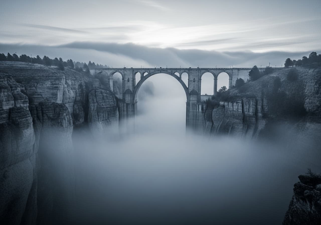 A wide bridge spanning a foggy canyon at dawn, rendered in muted blue-grey tones, symbolizing the gap between AI adoption and operational maturity