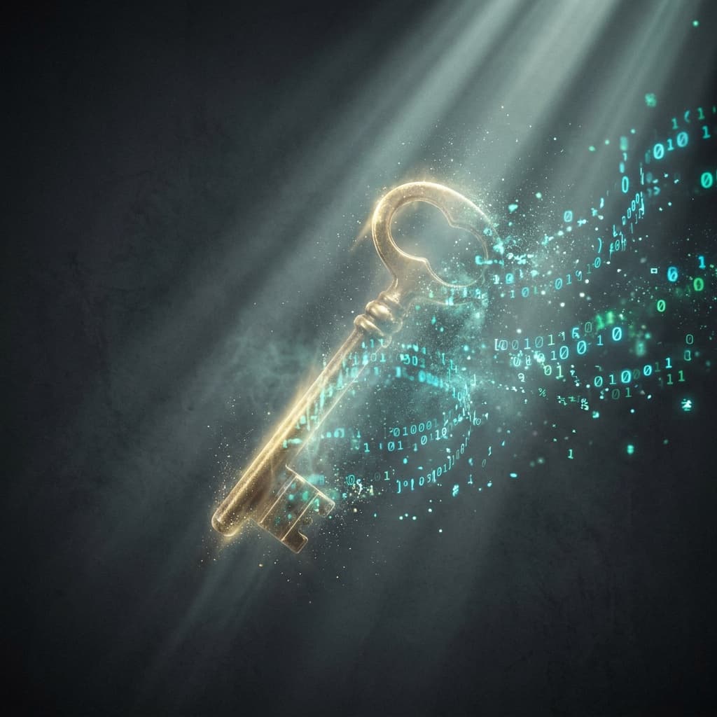 A translucent digital key dissolving into streams of code against a dark background, symbolizing credential inheritance and loss of accountability