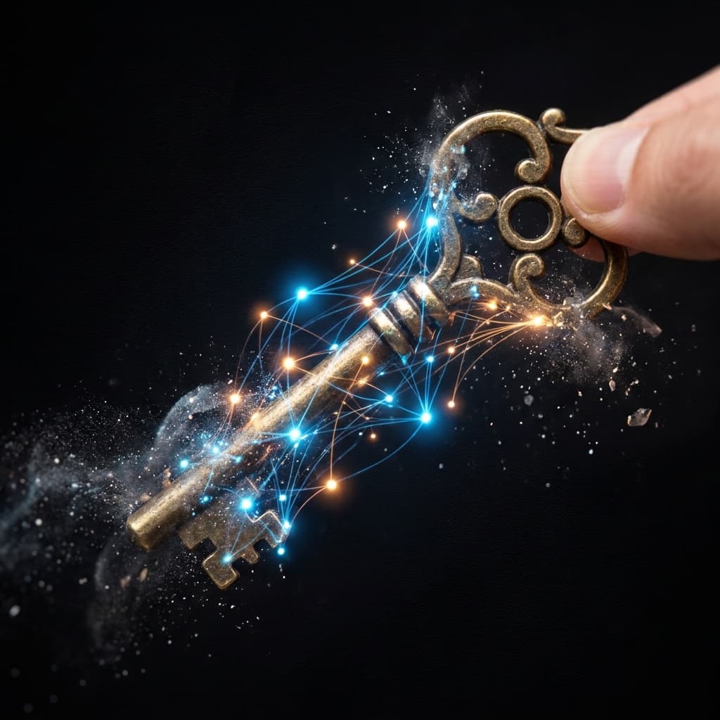 Abstract illustration of a glowing digital key fragmenting into interconnected permission nodes against a dark background, representing AI agent access control