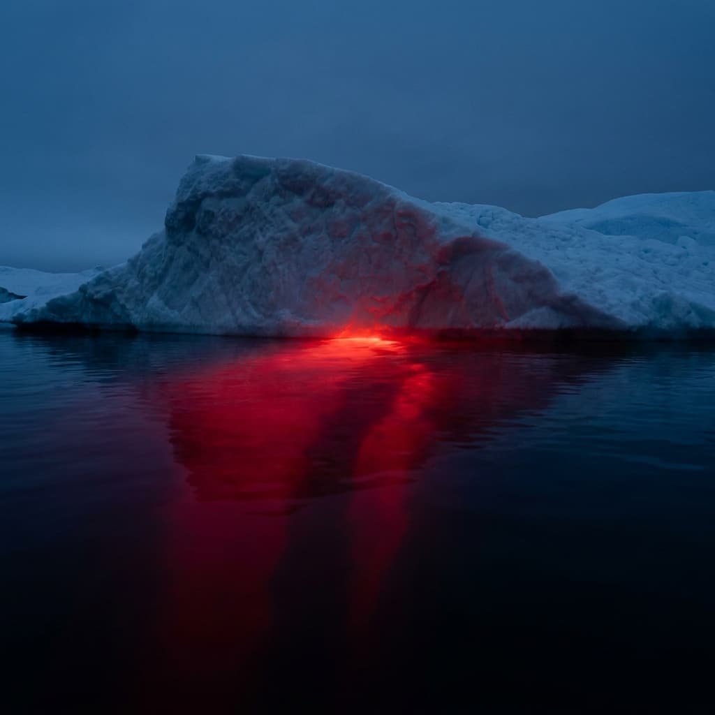 A dark iceberg with a small visible tip above water and a large glowing red mass submerged below, representing hidden and persistent security debt.