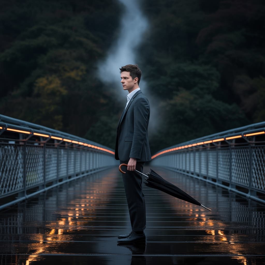 A lone figure standing at the edge of an illuminated bridge over a dark chasm, looking ahead — representing the measured, forward-looking approach to responsible AI agent deployment