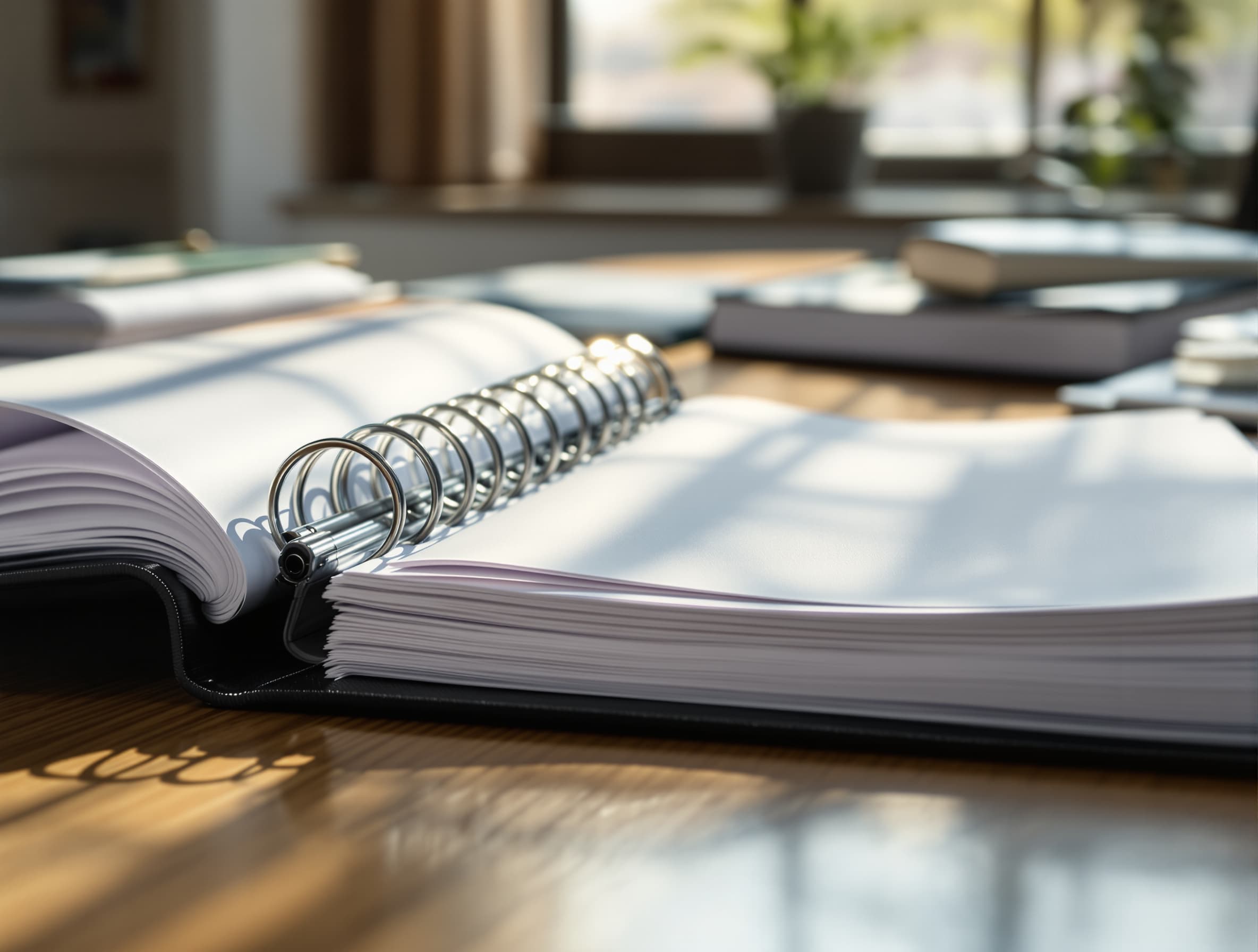 Open binder of policy documents on a desk bathed in soft natural light, representing AI governance documentation that may be outdated for autonomous agent deployments