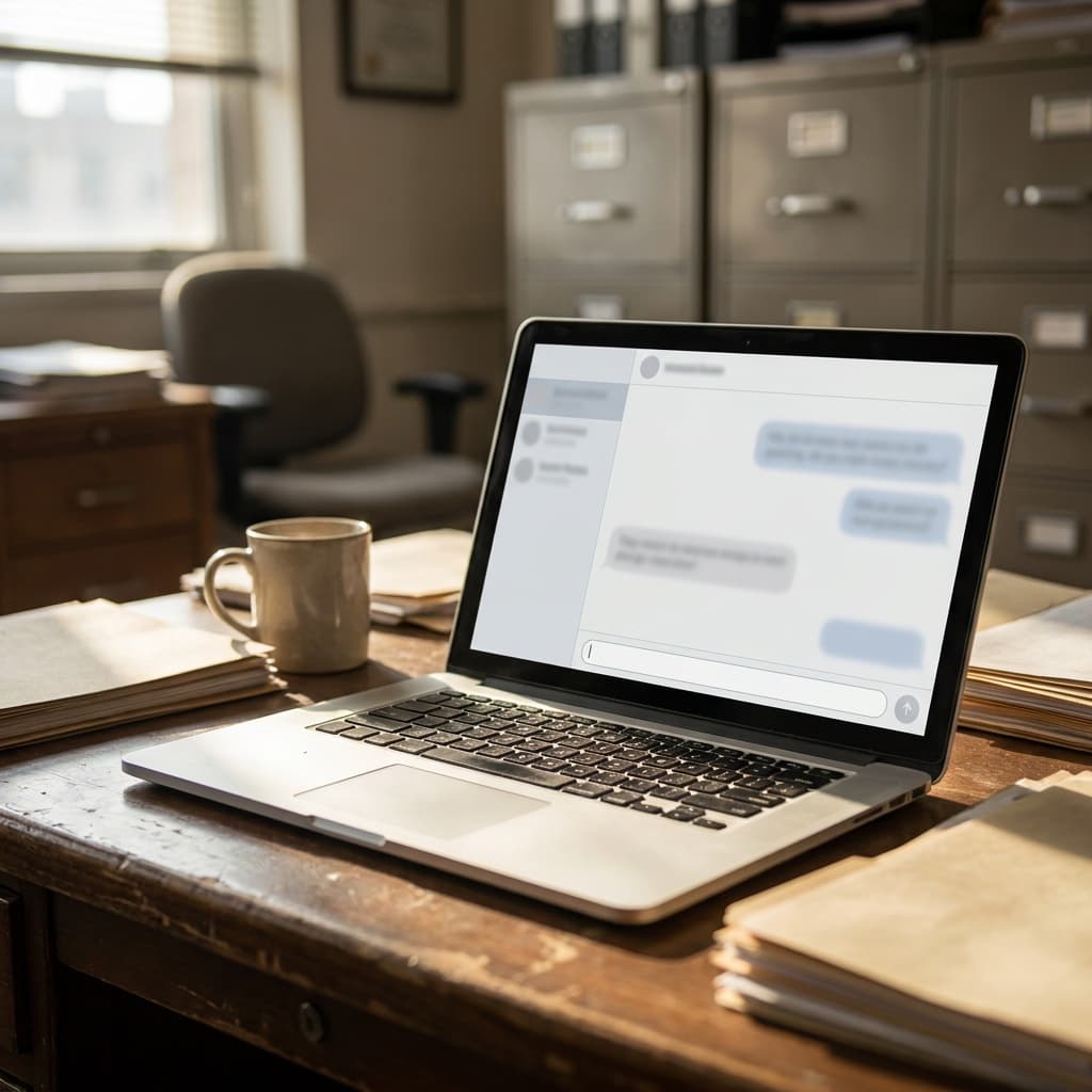 An open laptop showing a chat interface, on a wooden desk beside stacks of file folders and rows of metal filing cabinets.