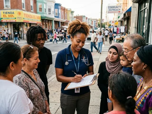 Community health worker speaking with residents outdoors while taking notes on a clipboard.