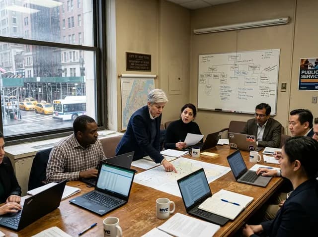 Public-sector leaders in a conference room reviewing documents and laptops during a decision meeting.