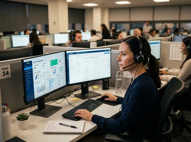 Call center operator with a headset assisting a resident; computer screen shows a help dashboard.