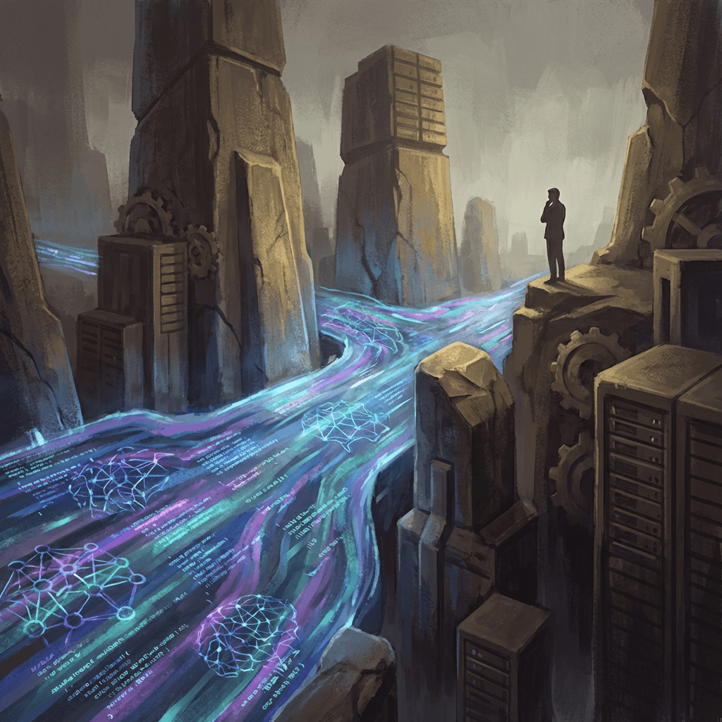 Abstract conceptual illustration showing the convergence of fast-moving AI code generation and solid, established platform infrastructure.