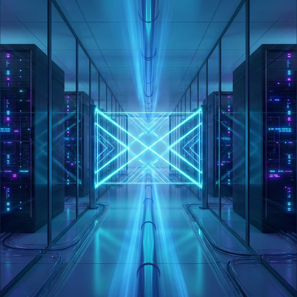 A glowing cyan barrier or gate spanning a dark digital corridor, representing an automated merge gate enforcing code quality standards before code reaches production.