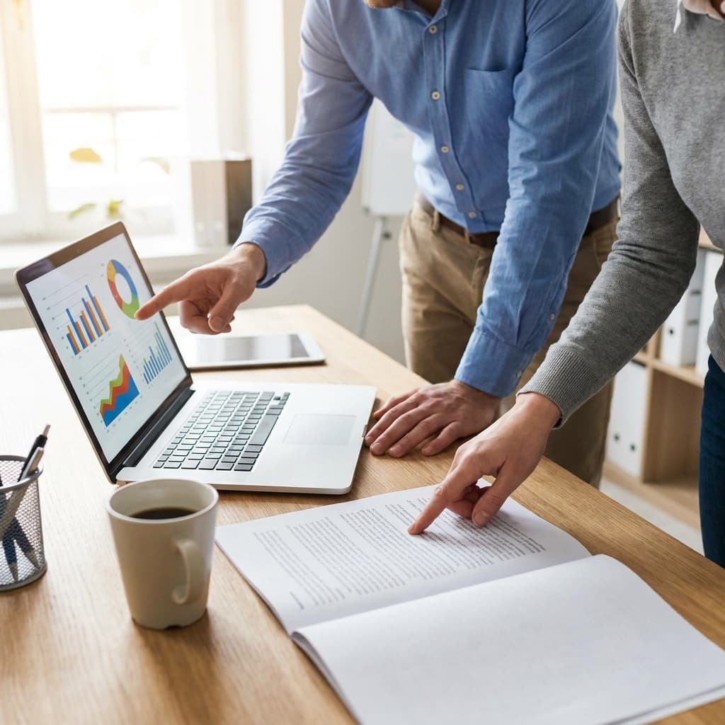 Two colleagues at a desk reviewing a printed report, one pointing at a paragraph on the page.