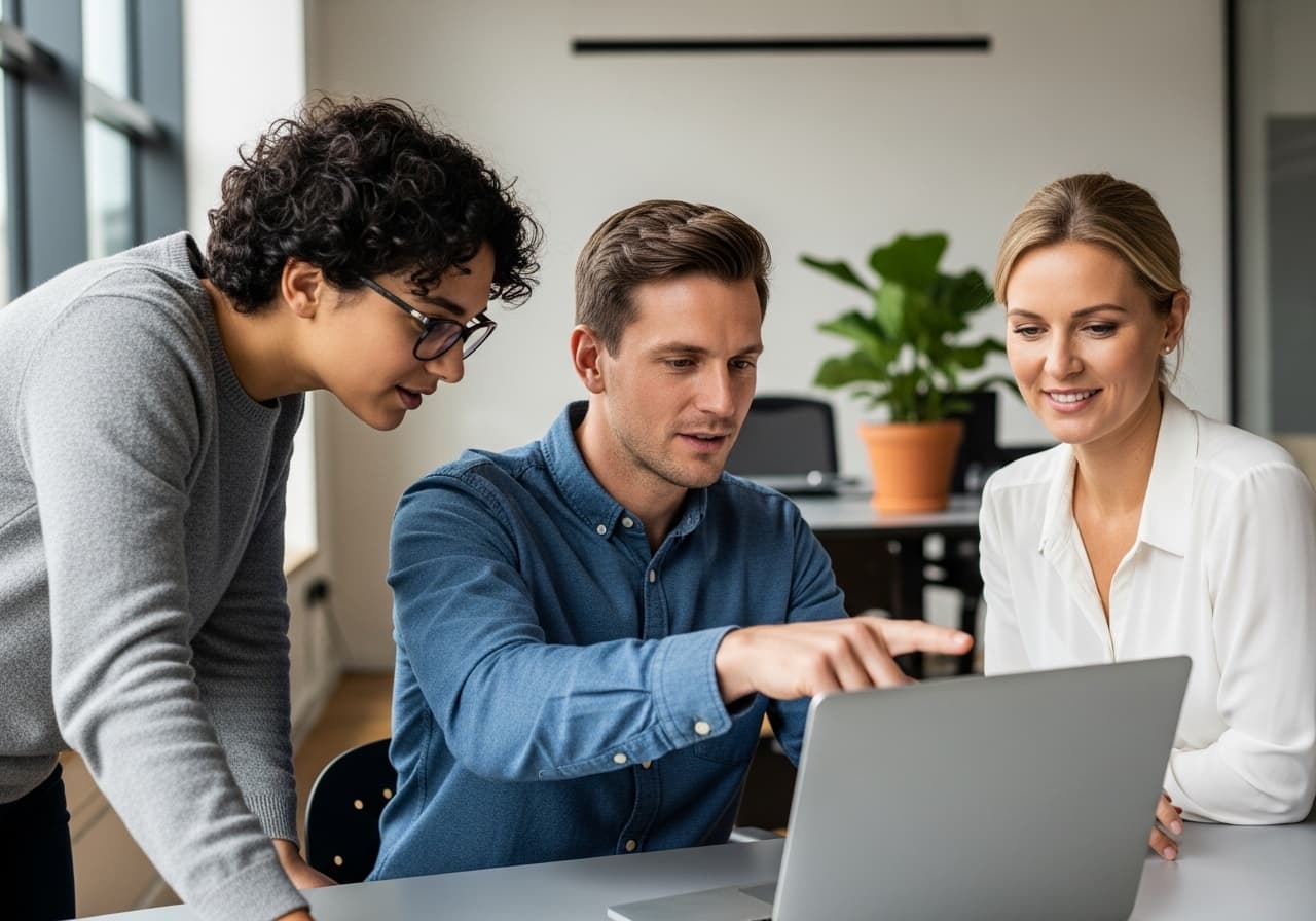 A small team of three professionals collaborating around a laptop in a bright, modern open-plan office space