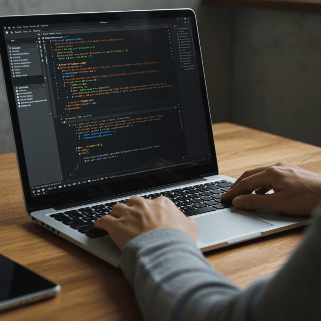 Commit history on a laptop screen being reviewed by an engineer