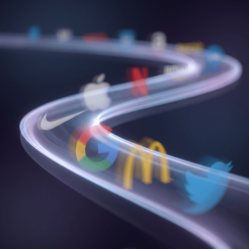 Abstract conceptual illustration of a timeline showing brand evolution and reinvention, rendered in muted blues and grays.