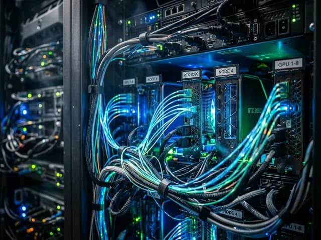 Close-up view of GPU servers and cabling inside a data center cabinet.