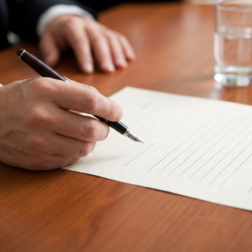 Close-up of a person's hand holding a pen poised over a blank notepad at a conference table, ready to take notes
