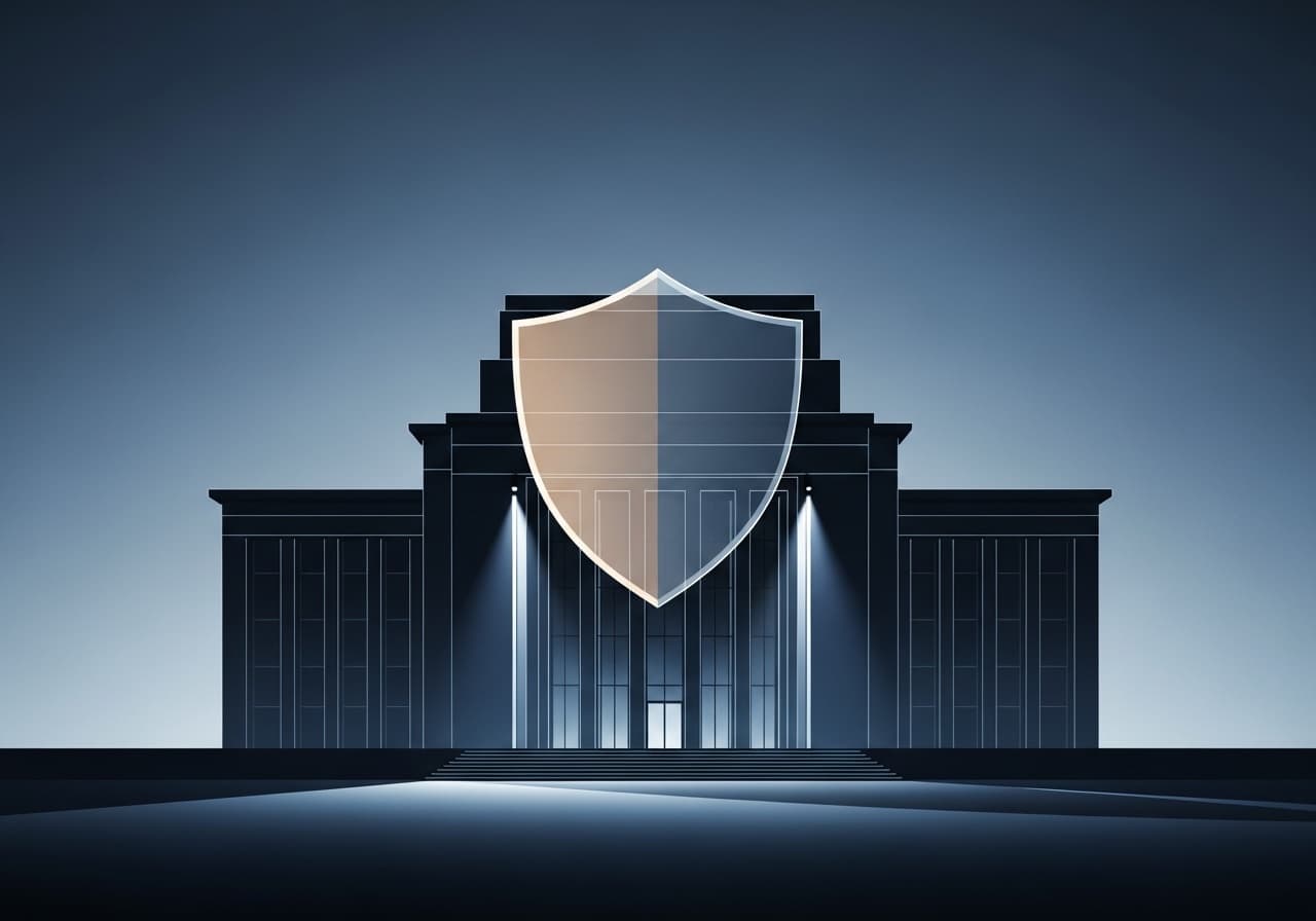 A stylized dark government building at dusk, uplit at the entrance, with a large translucent shield centered over its facade