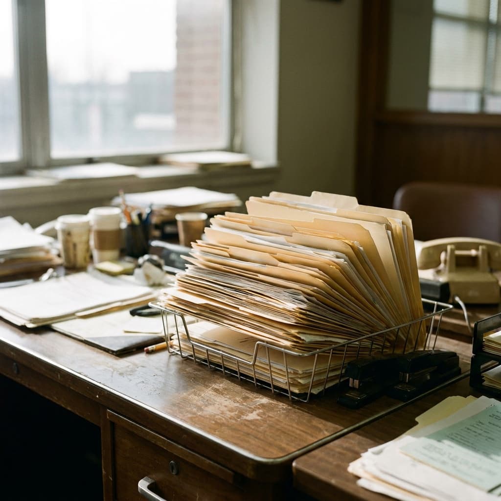 An overflowing in-tray stacked with manila file folders on a cluttered office desk, lit by daylight from a window.