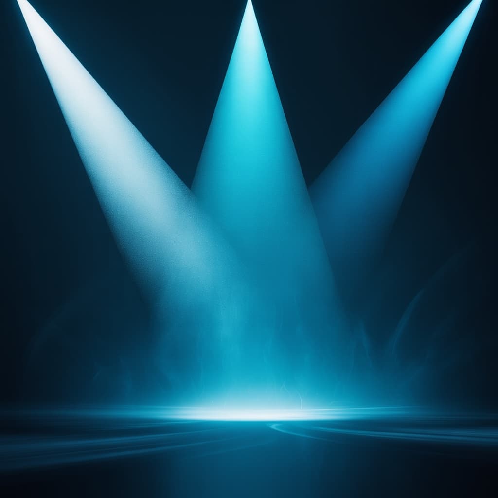 Abstract image of three beams of light converging toward a single point against a dark background.