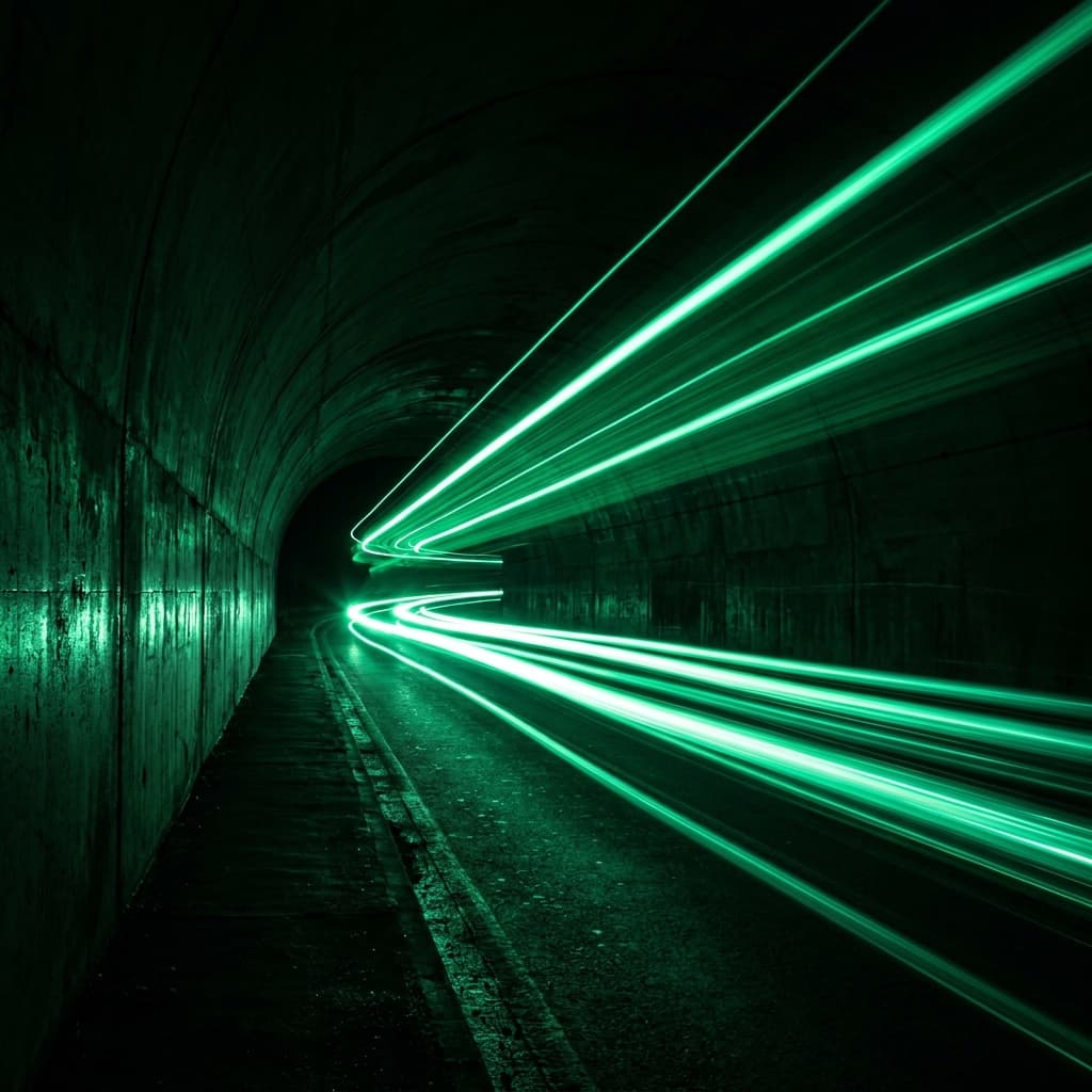 Abstract illustration of bright green light accelerating through a dark tunnel with motion blur, representing governance as an enabler of speed and scale rather than a barrier