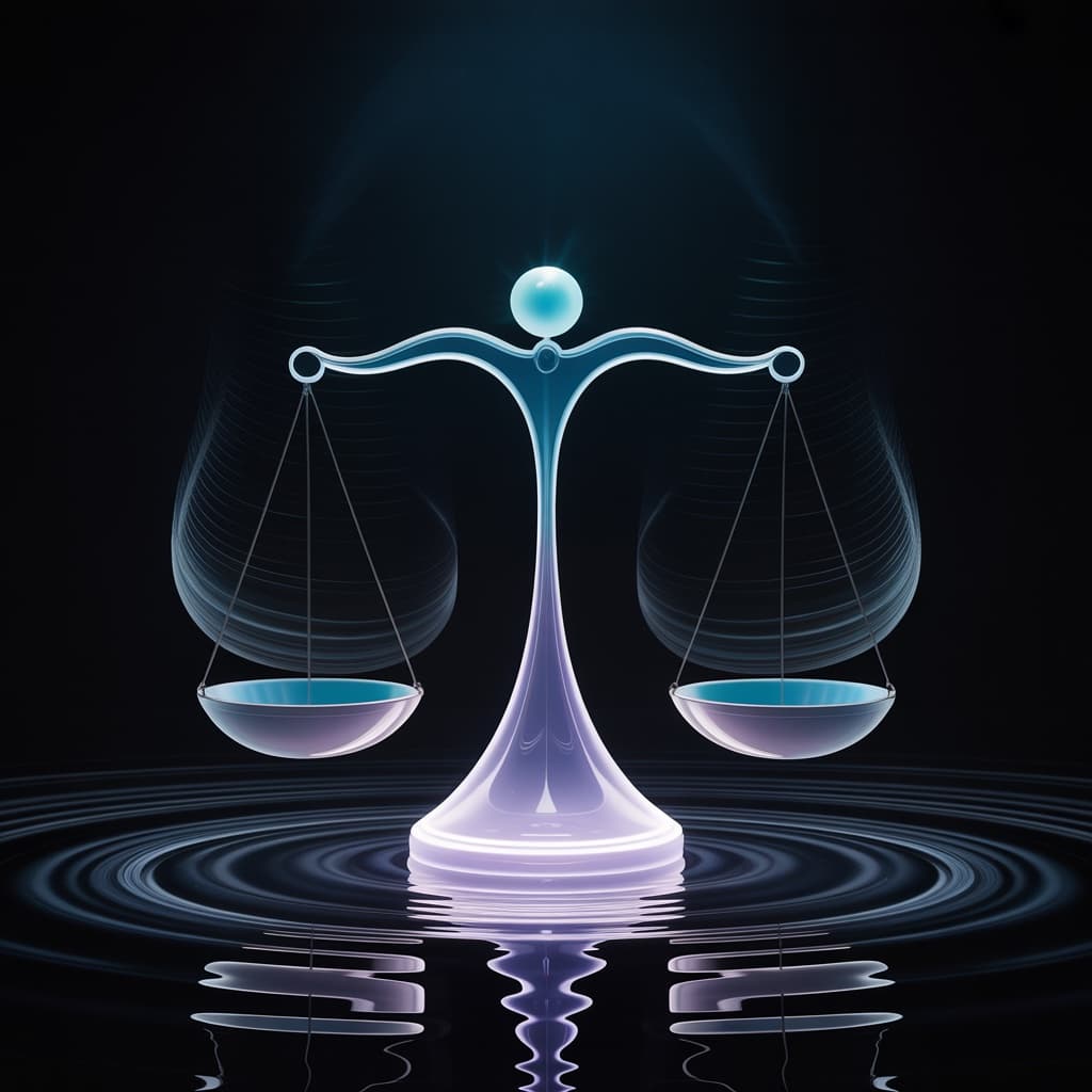 Abstract illustration of a glowing scale balancing two sides in dark space.
