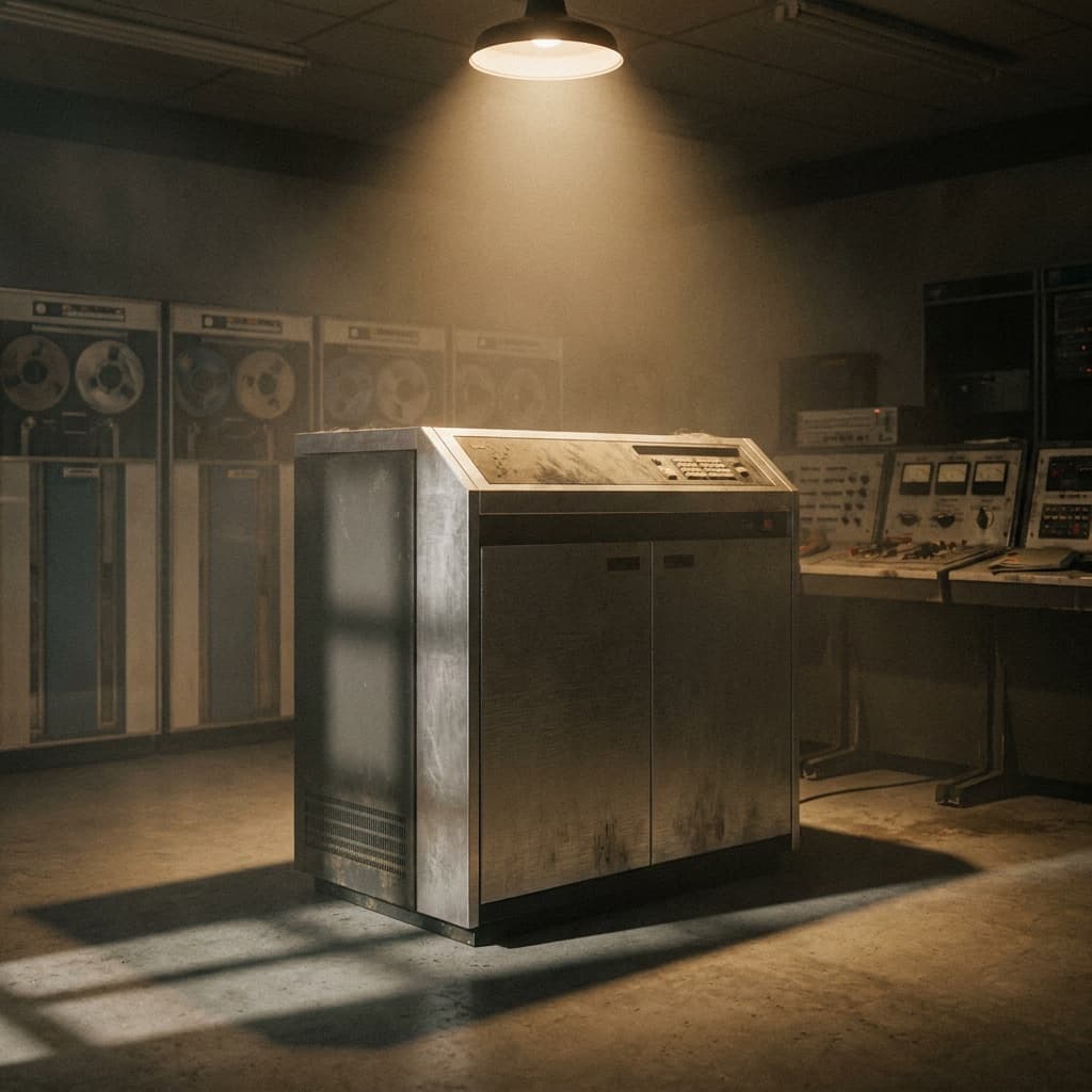 An aging mainframe computer in a dimly lit server room, illuminated by a single spotlight, representing the long-lived government legacy systems being modernized with AI assistance.