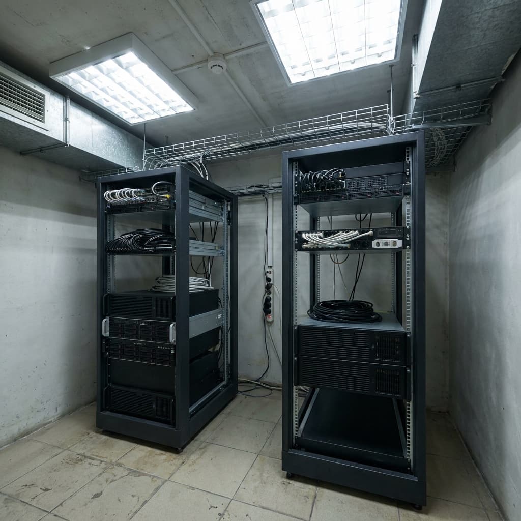 A server rack with cables and GPU hardware inside a small on-premise server room under fluorescent lighting