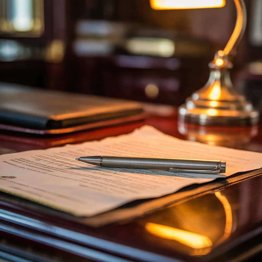 Close-up of a printed license agreement document with a pen resting on top, lit by a desk lamp