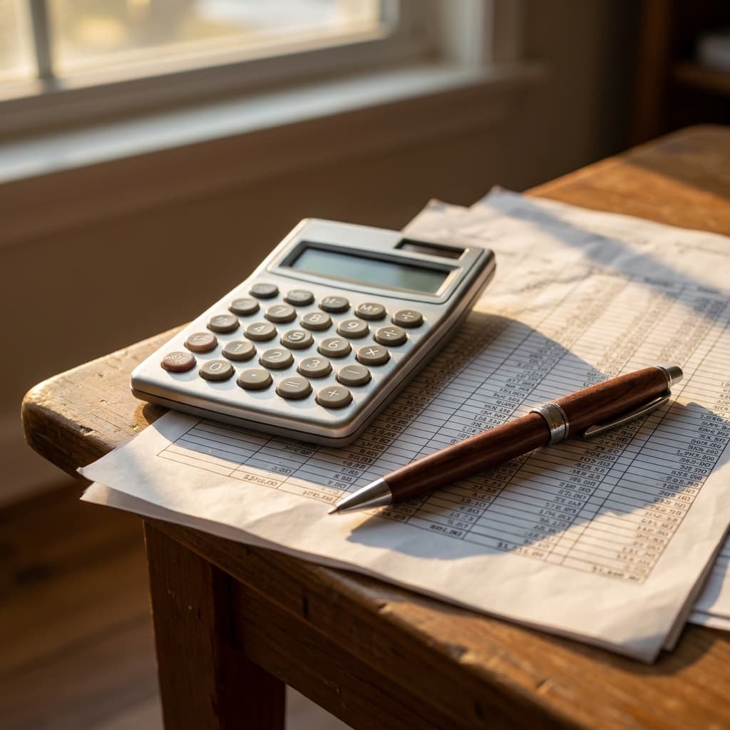 A calculator and pen resting on a printed spreadsheet showing rows of cost figures under natural desk lighting
