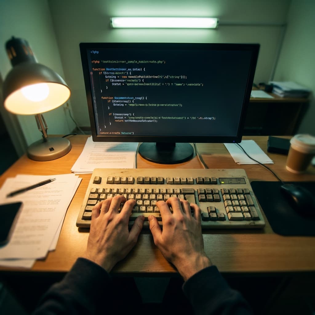 A developer types on a worn keyboard in a dimly lit room, PHP source visible on the monitor under a desk lamp.