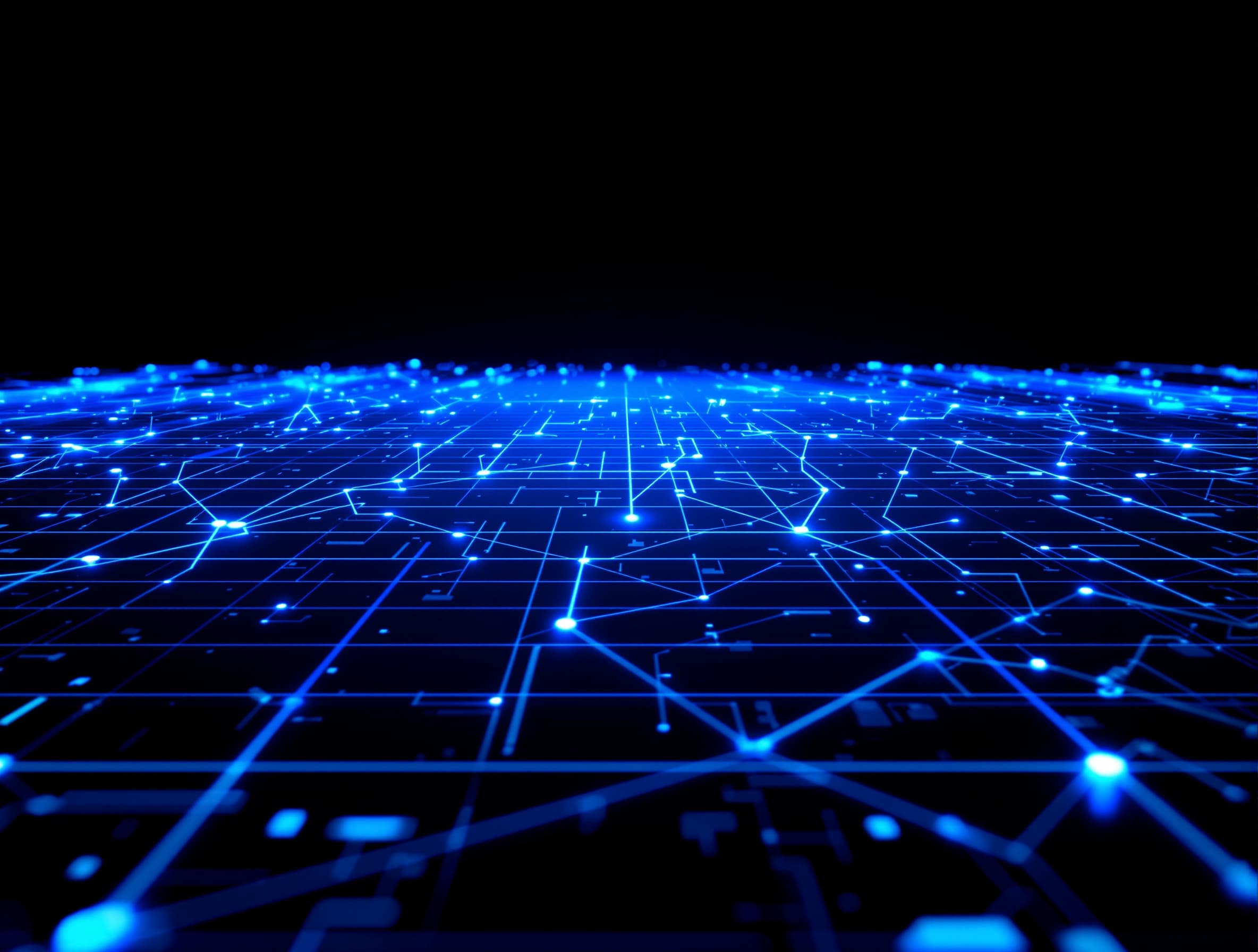 Abstract illustration of an interconnected technology platform grid with glowing circuit-like patterns in deep blue and teal, suggesting an established digital infrastructure enhanced by artificial intelligence