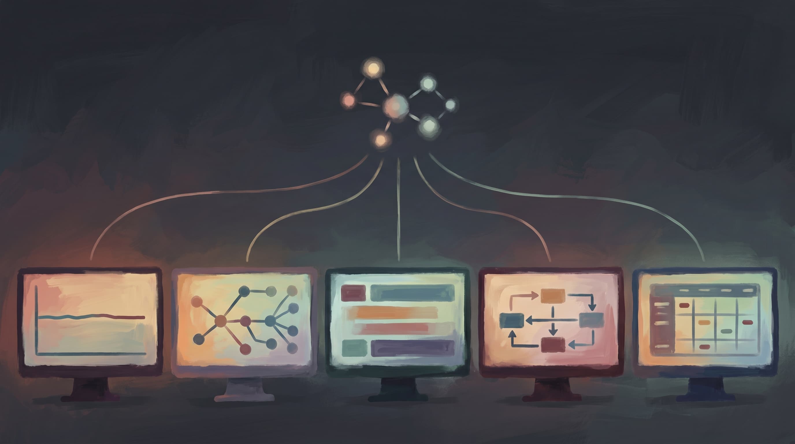 Painterly editorial illustration of five distinct dashboard monitors connected by signal lines to a small AI system visualization above, representing five engineering practices as the foundation under a production gen-AI system