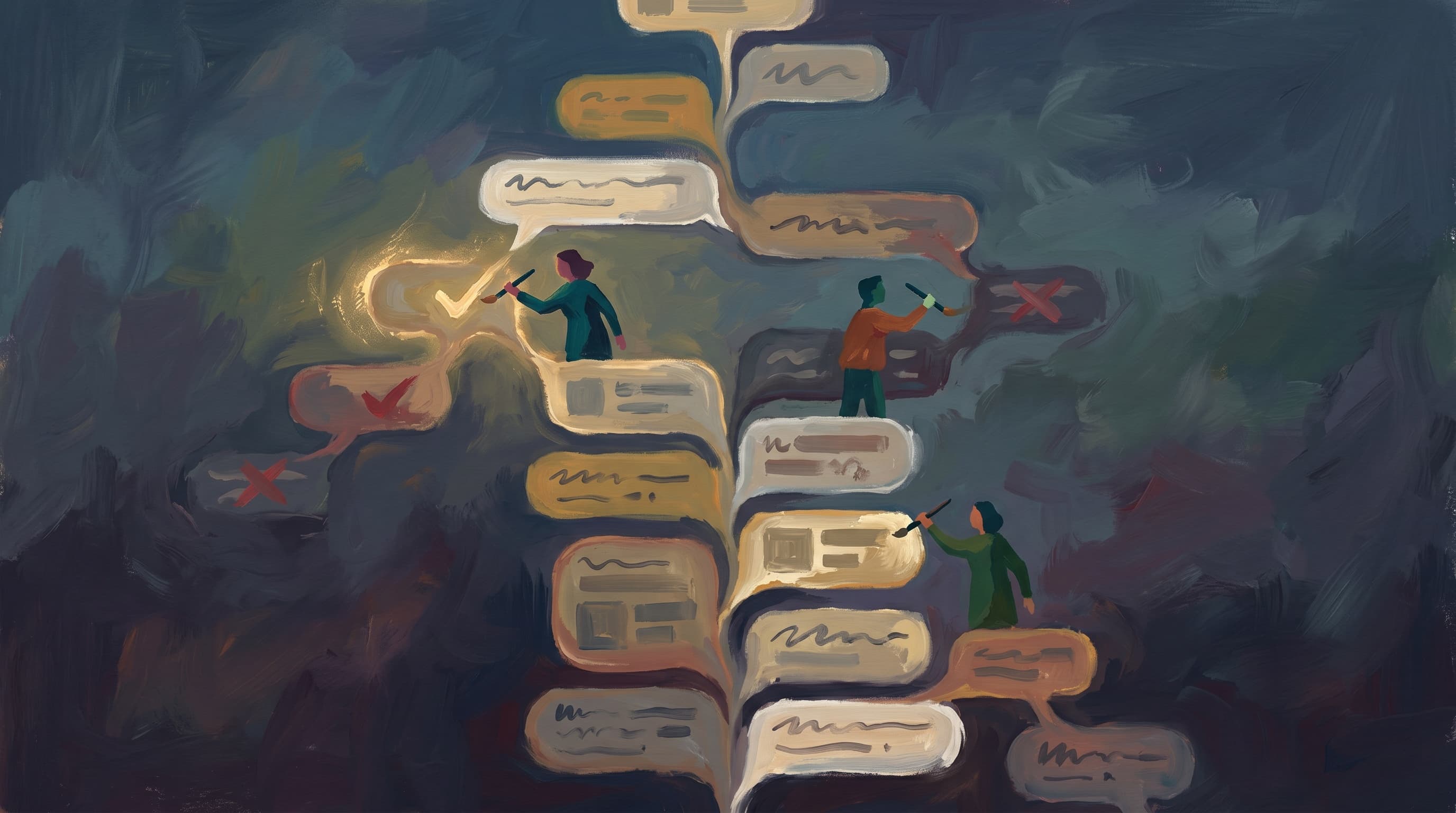 Painterly editorial illustration of layered chat-message bubbles inspected by small human reviewer figures, some marked with check-marks and others with red X marks, representing human approval gates between stages of an AI pipeline