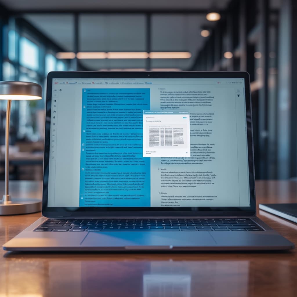 A computer screen displaying a document with highlighted text passages and reference links to source material.