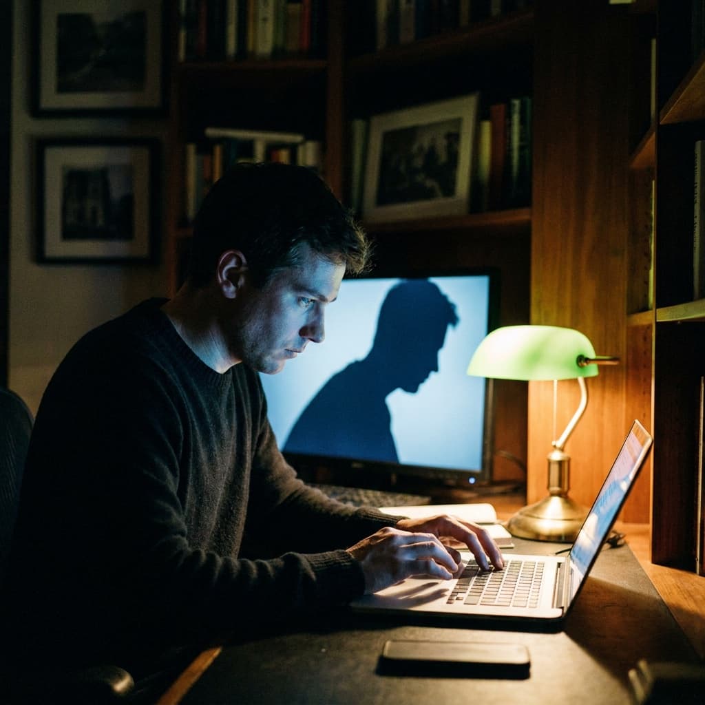 A person typing on a laptop in a dimly lit office environment, a shadow cast across the screen suggesting unseen or unsanctioned activity