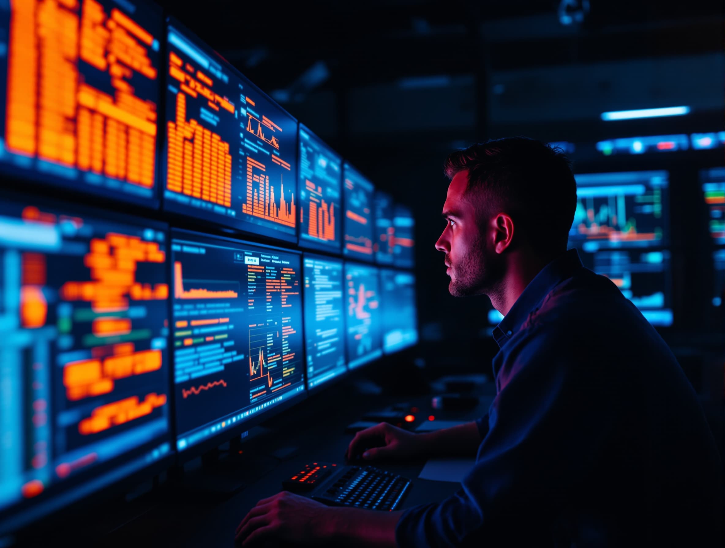 Security operations center with multiple screens displaying network traffic anomaly alerts in a dim blue-lit room, representing the challenge of detecting AI agent-driven cyberattacks