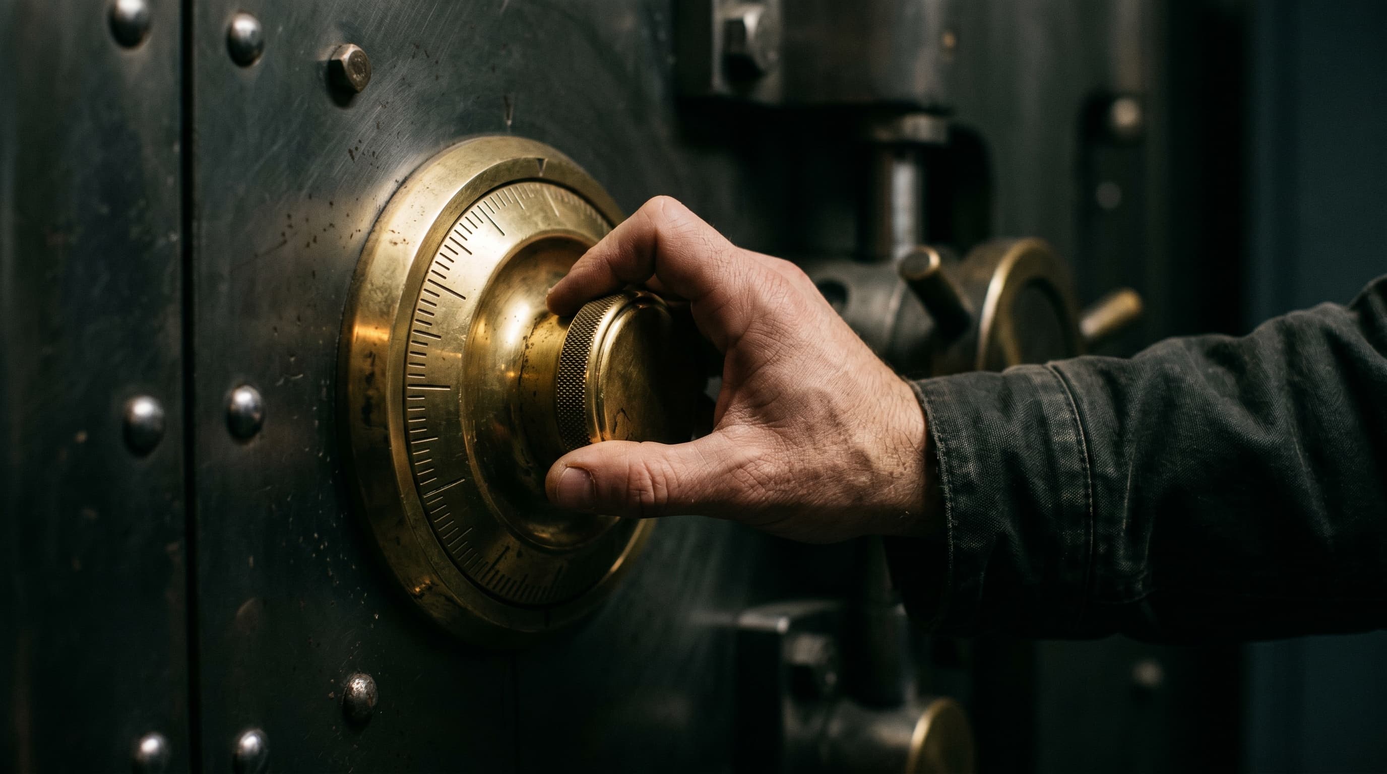 Close-up of a hand turning the brass combination dial of an industrial vault door, representing active control over an enterprise AI deployment position