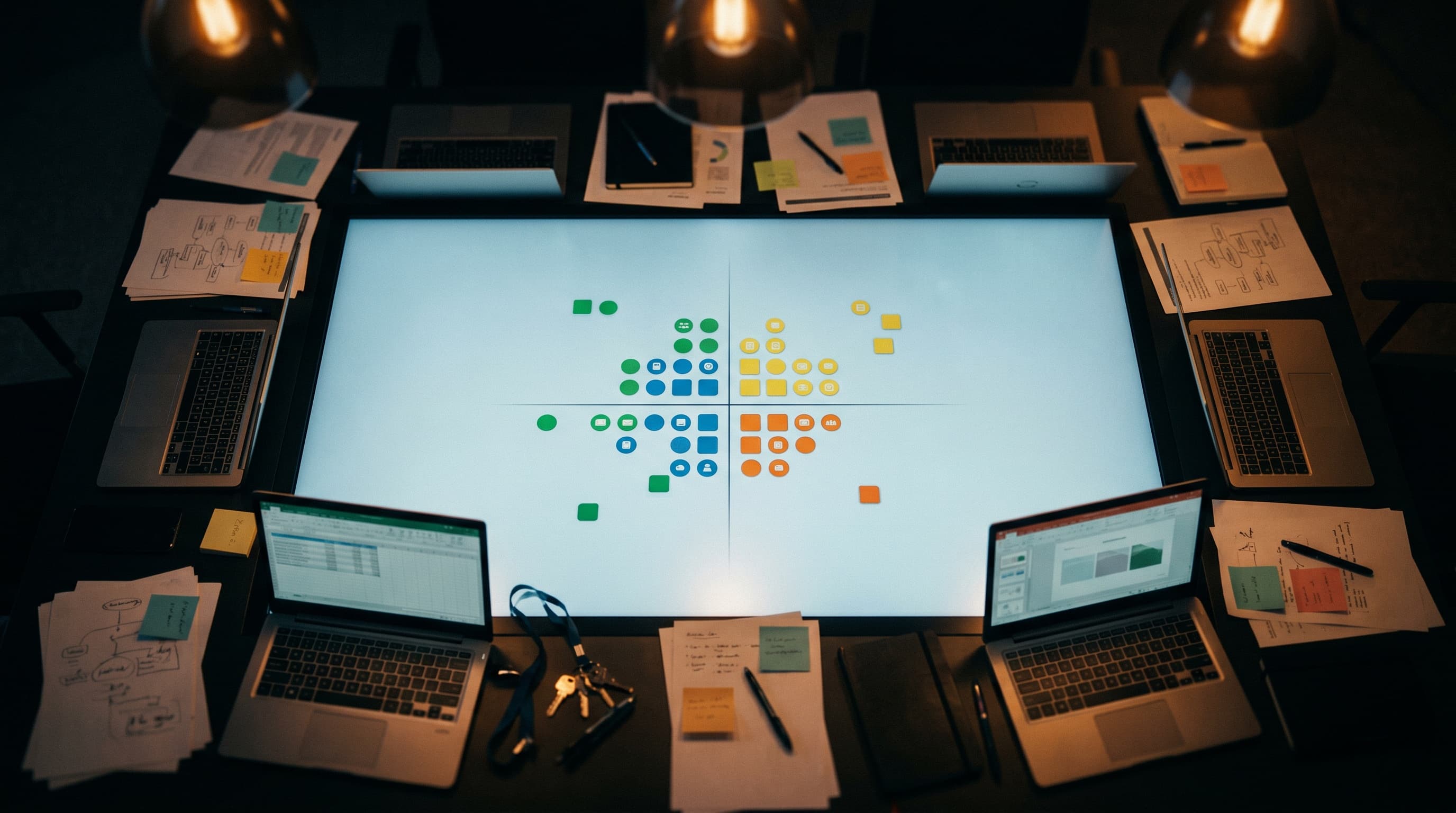 Overhead view of a modern strategy planning table at night, colored markers arranged in distinct quadrants on a large illuminated display, surrounded by laptops, printouts, and notebooks, representing deliberate workload placement across an AI deployment portfolio