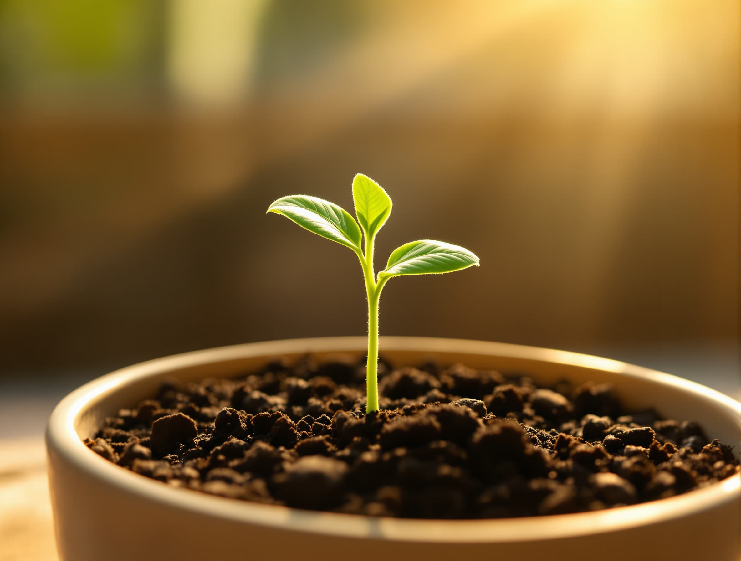 Photograph-style illustration of a small plant growing steadily under warm light.