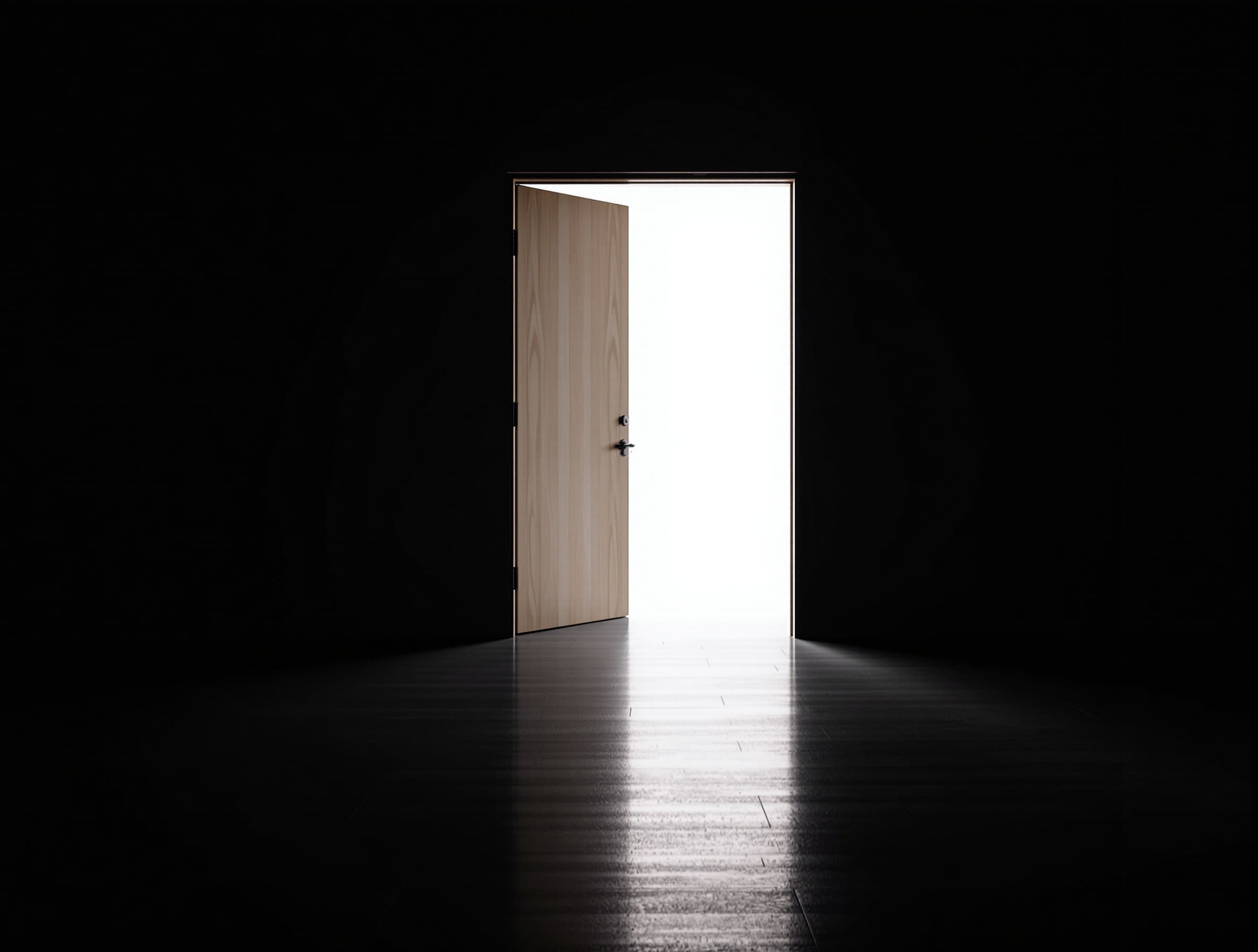 A single open doorway with bright light spilling through, viewed from a dark minimalist corridor, representing a decision threshold or gate before proceeding