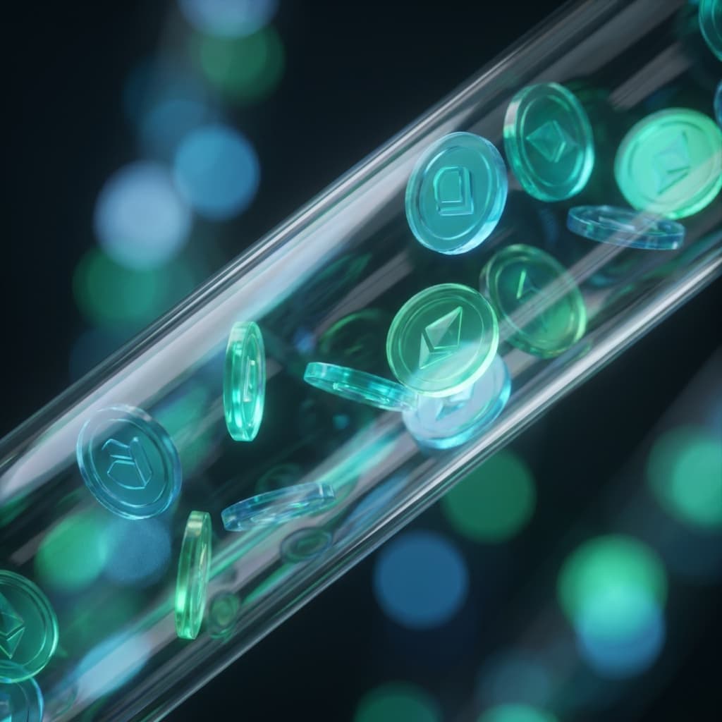 Translucent blue and green coin-like tokens streaming through a clear glass channel against a dark, softly blurred background