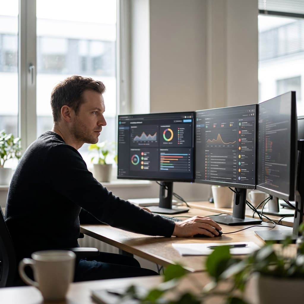 A security analyst reviews vulnerability dashboards across three monitors in a daylit office.