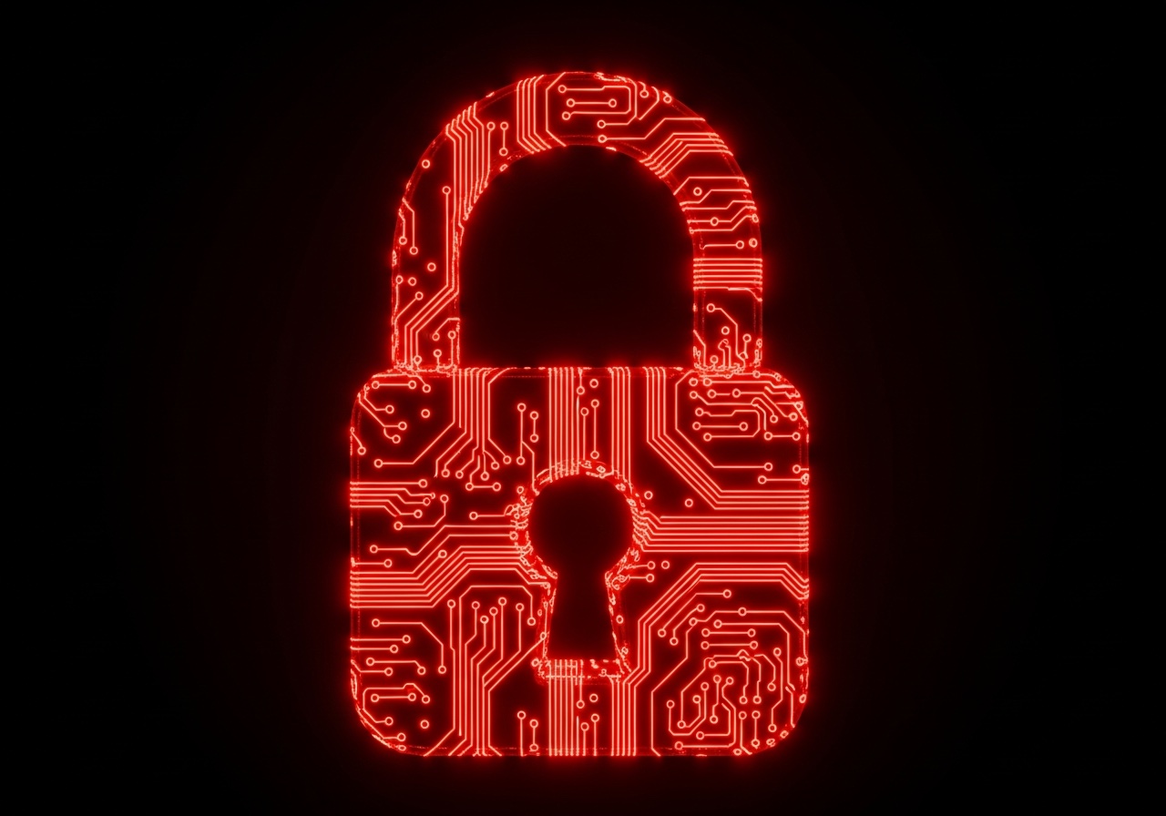 A closed padlock drawn in glowing red circuit-board traces on a black background