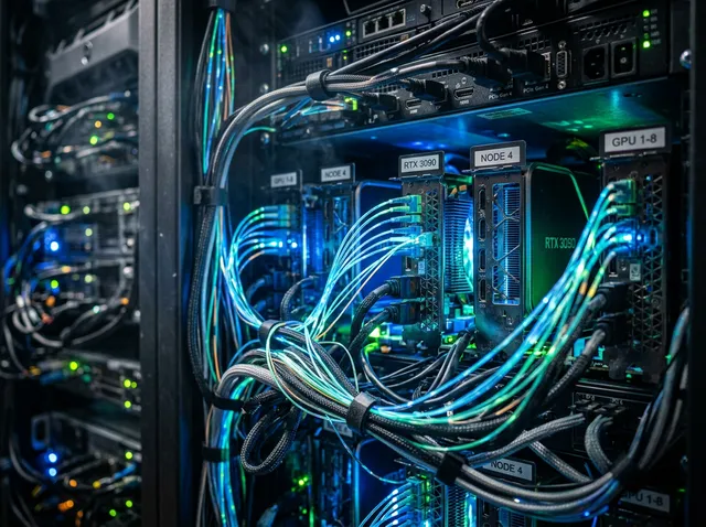 Close-up view of GPU servers and cabling inside a data center cabinet.