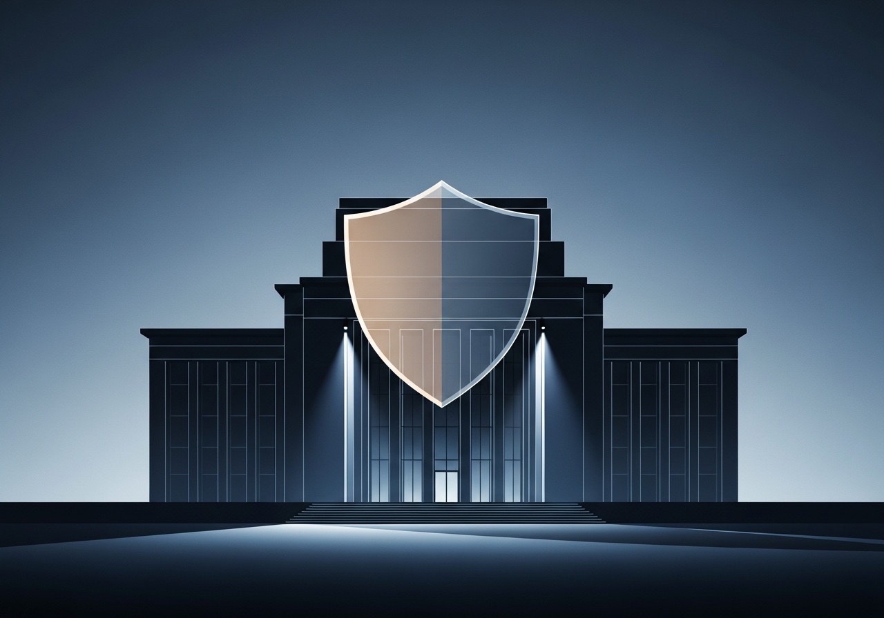 A stylized dark government building at dusk, uplit at the entrance, with a large translucent shield centered over its facade