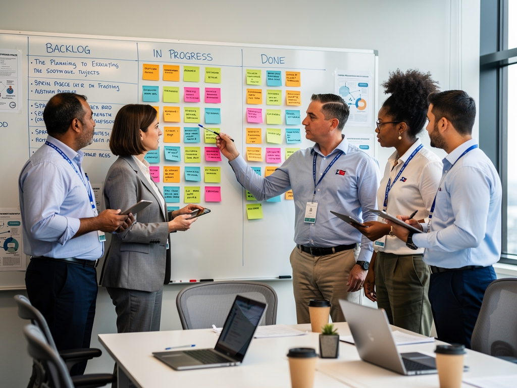Team reviewing sticky notes on a whiteboard during a planning session.
