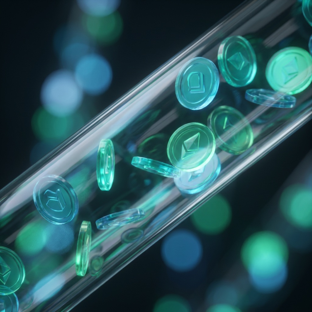 Translucent blue and green coin-like tokens streaming through a clear glass channel against a dark, softly blurred background